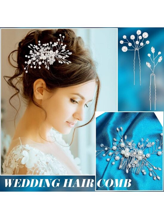 44 Wedding Hair Accessories Set - Faux Pearl & Crystal Comb Clips, U-Shaped main image 4